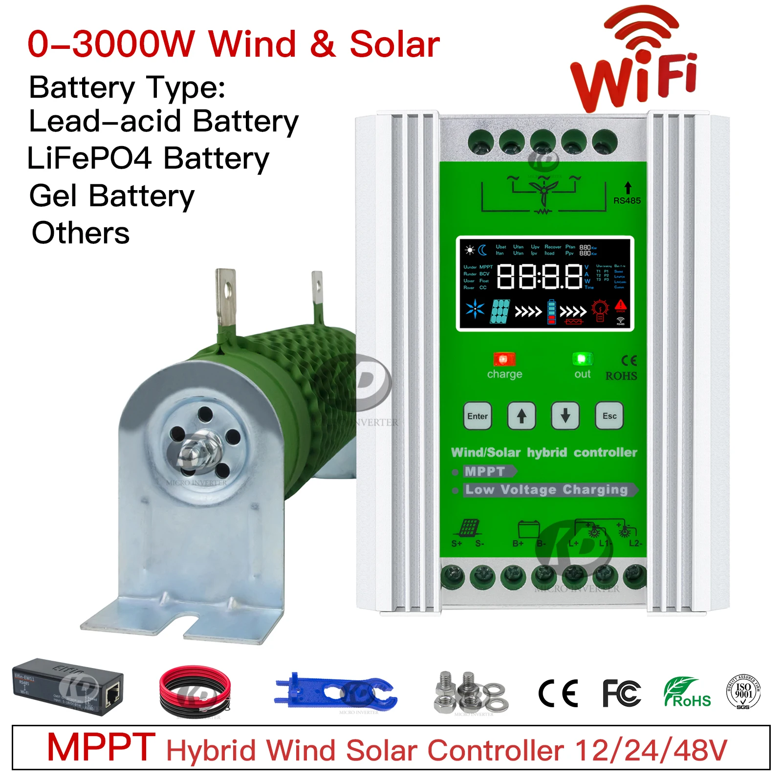 

MPPT 3000W Hybrid Wind Solar Charge Dischage Booster Controller Regulator With Dump Load For 1500W Wind Generator Solar Panel