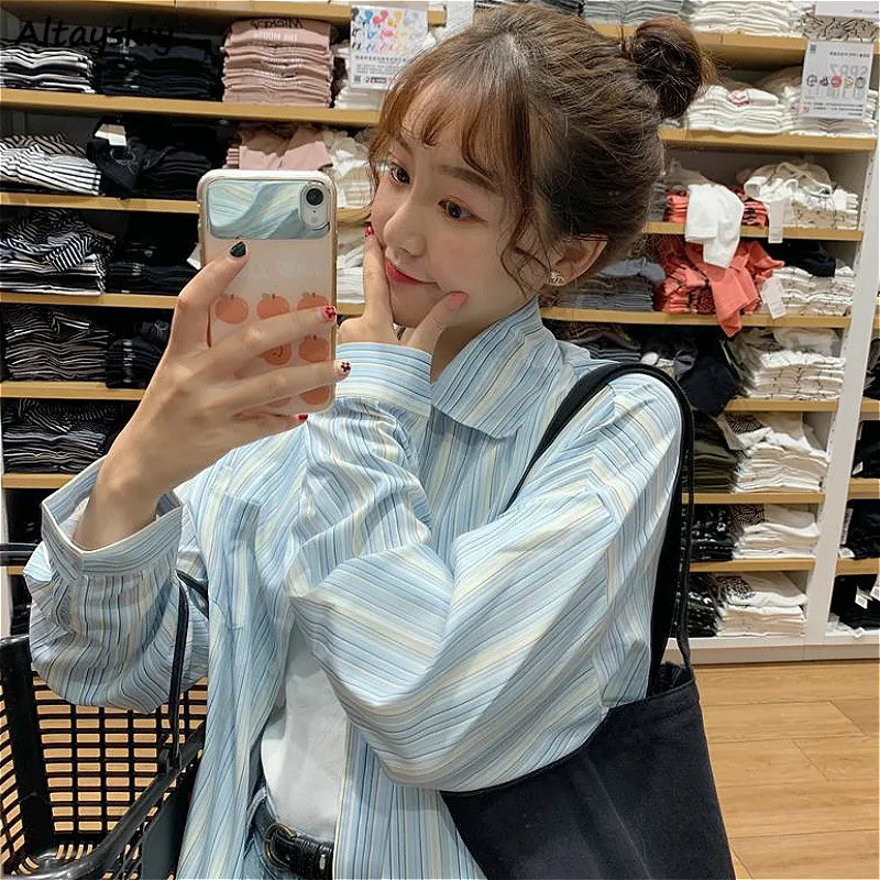 

Shirts Women Blue Striped Spring Loose Street Style Feminine Popular Ins Turn-down Collar Long Sleeve Causal Fashionable Blusas