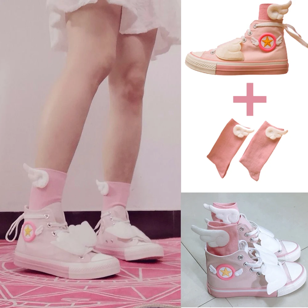 Anime Cardcaptor Sakura Magic Girl KINOMOTO SAKURA Cosplay Shoes Card Captor Board shoes Pink Cute Sneakers With Socks Free Ship