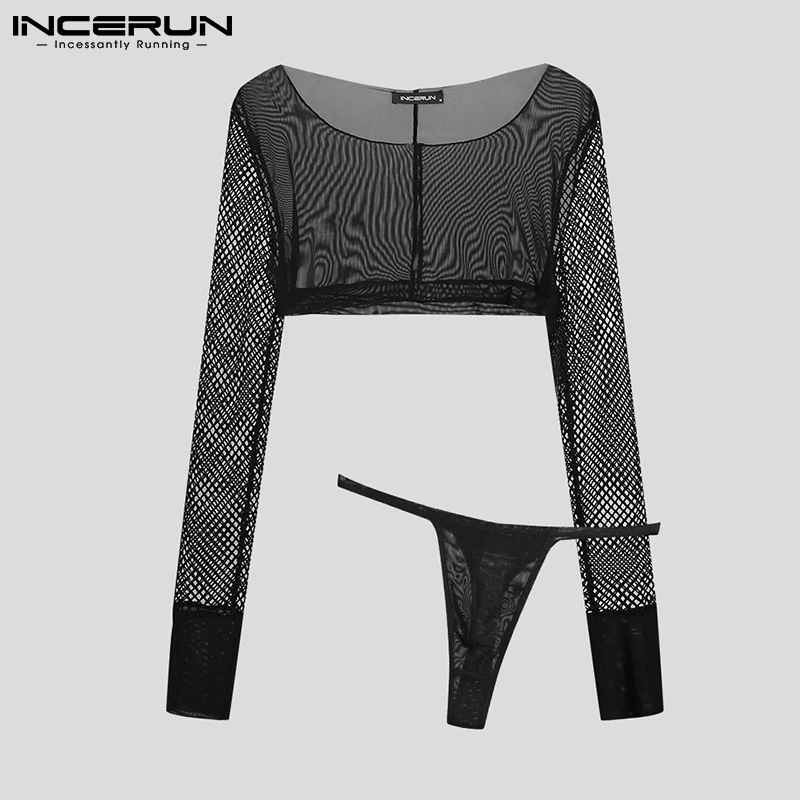 

INCERUN пижамный комплект для мужчин сетчатый прозрачный однотонный короткий топ с длинным рукавом и короткие мужские пижамные костюмы из дву...