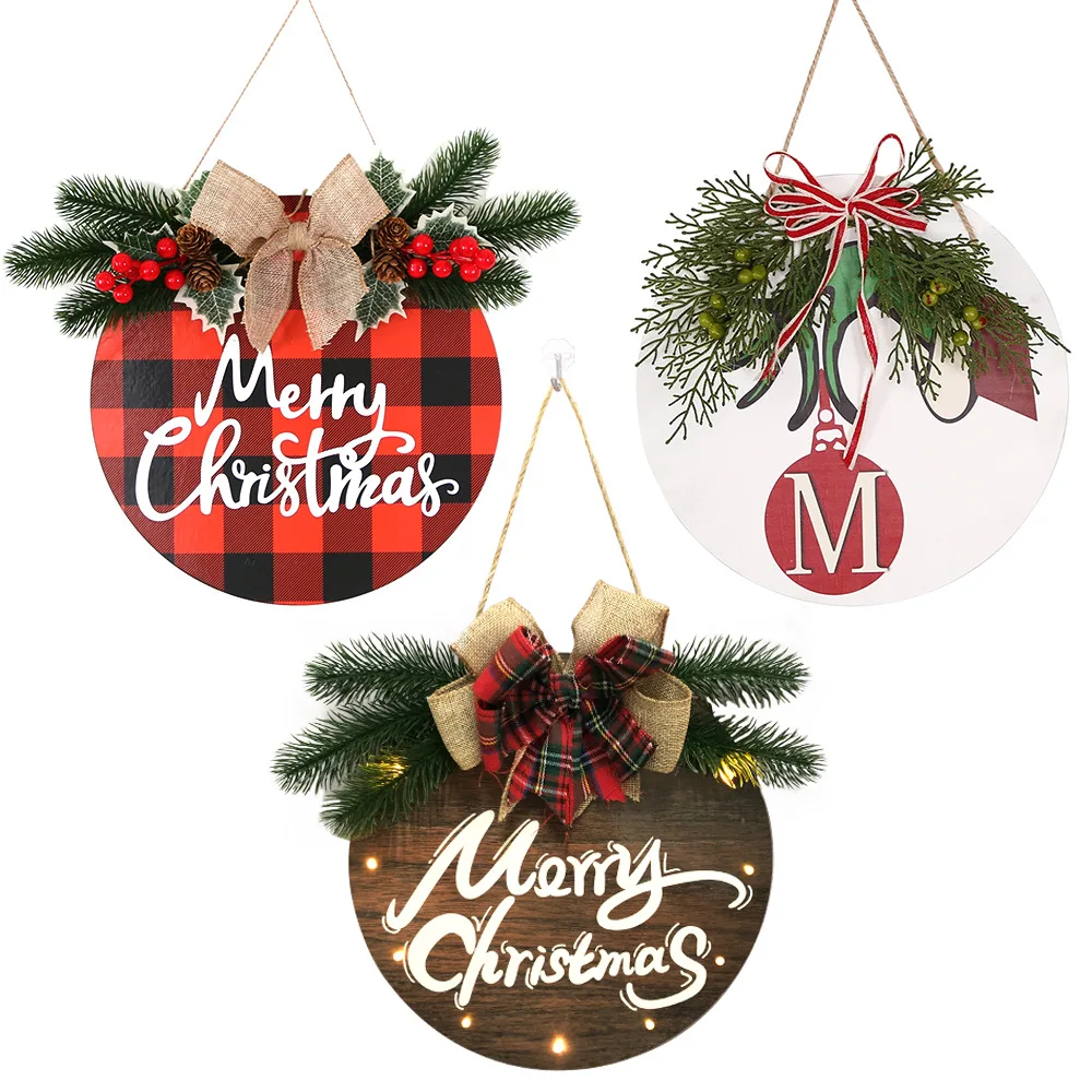 

Merry Christmas Front Door Hanging Sign With LED Light Wooden Sign Wreath With Bow For Door Sign Porch Banner -40