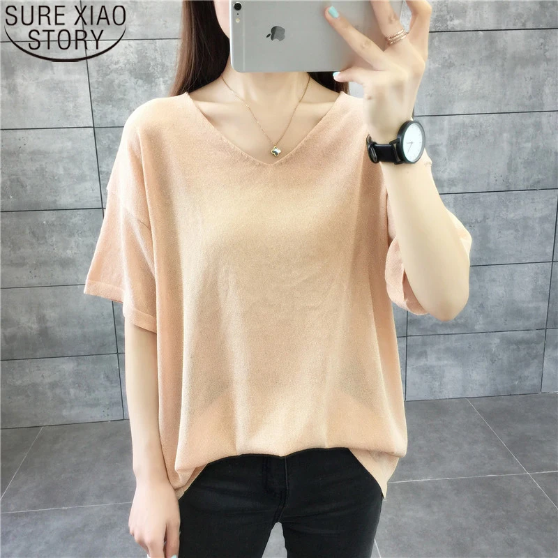

Women Blouse Short Sleeve 2021 Summer Long Knitted Blouses Bright Yarn V-neck Bottoming Long Shirt Great Stretch Ladies Tops
