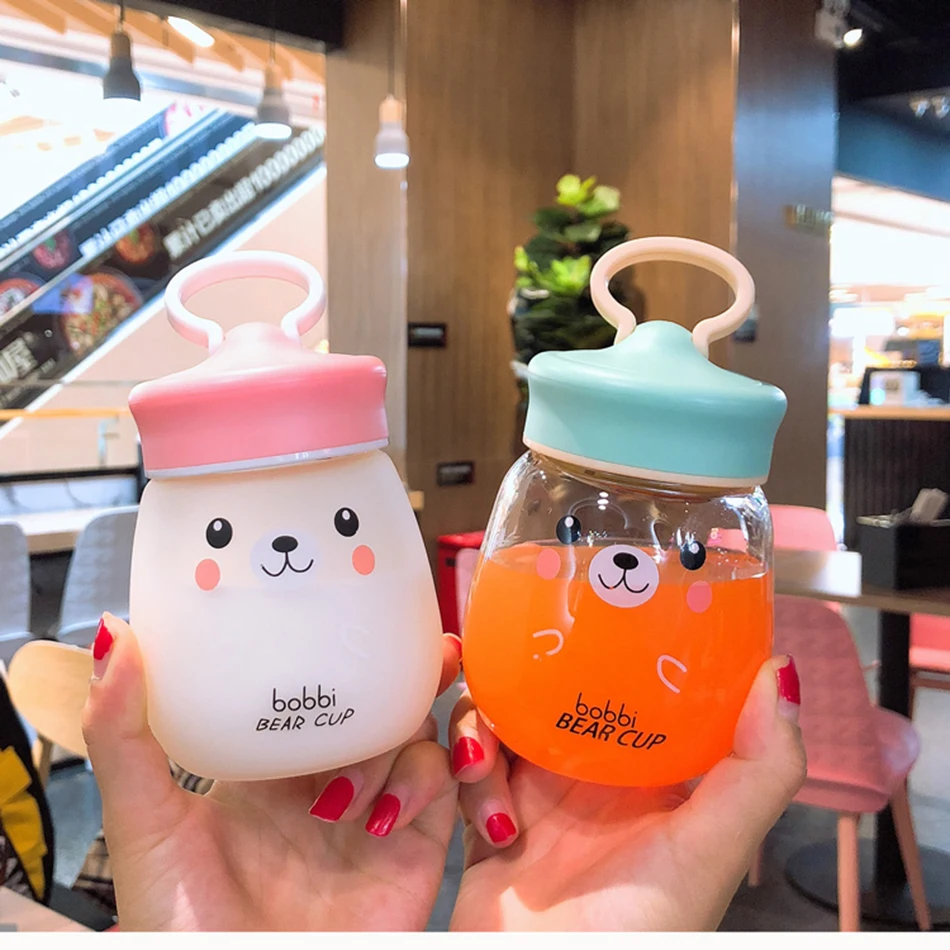 Kawaii стеклянная бутылка для воды, портативная чашка с милым медведем, чайное ситечко, герметичная Питьевая Бутылка для девочек, студентов, детей