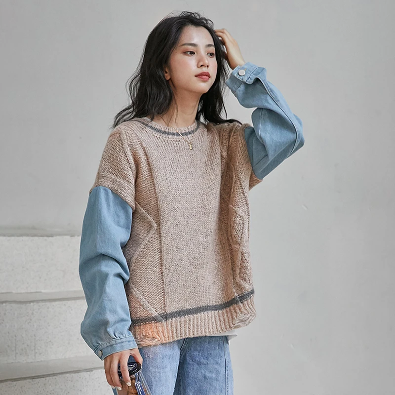 GALCAUR Patchwork Denim Women's Sweaters Long Sleeve O Neck Hit Color Oversized Female Sweater 2020 Autumn Winter Fashion New | Женская