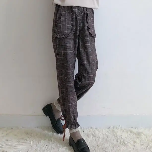 Япония стиль весна осень женские брюки эластичный пояс Мори девушка плед гарем