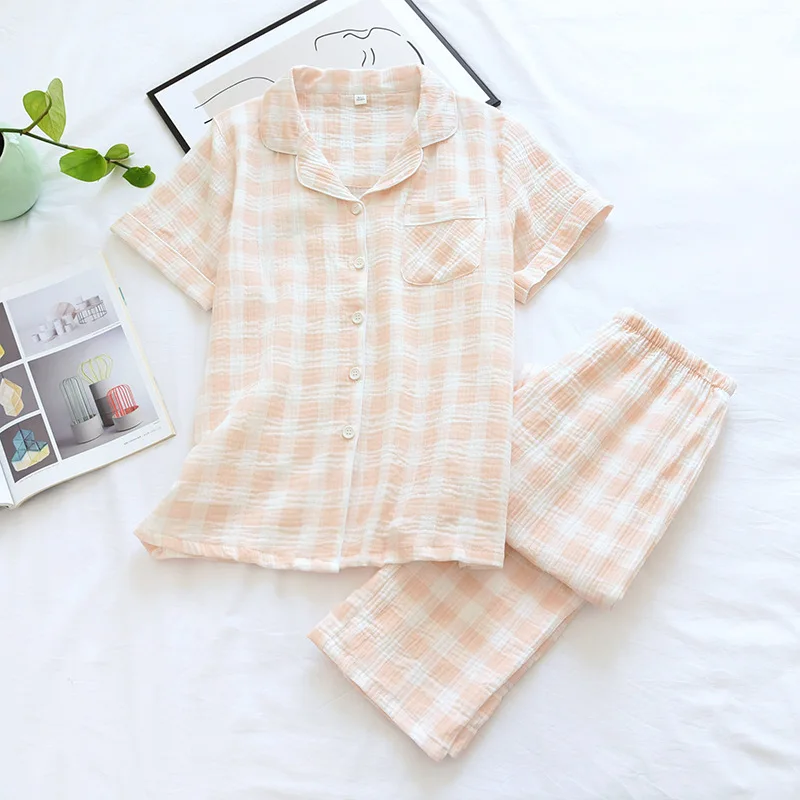 211 Summer Thin Cotton Plaid Girls Pajamas Set Short Sleeve Leisure Sleepwear For Women Loose Nightwear Pant Men Homewear Suit