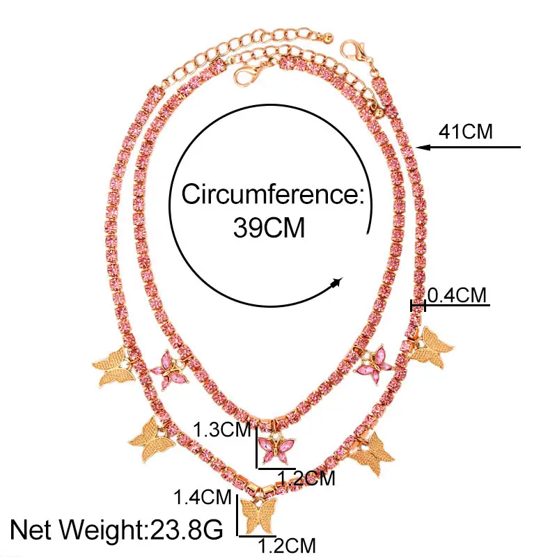 

Fashion Luxury Pink Crystal Butterfly Pendant Tennis Chain Necklace Woman Multilayer Rhinestone Metal Necklace Collar Party Gift