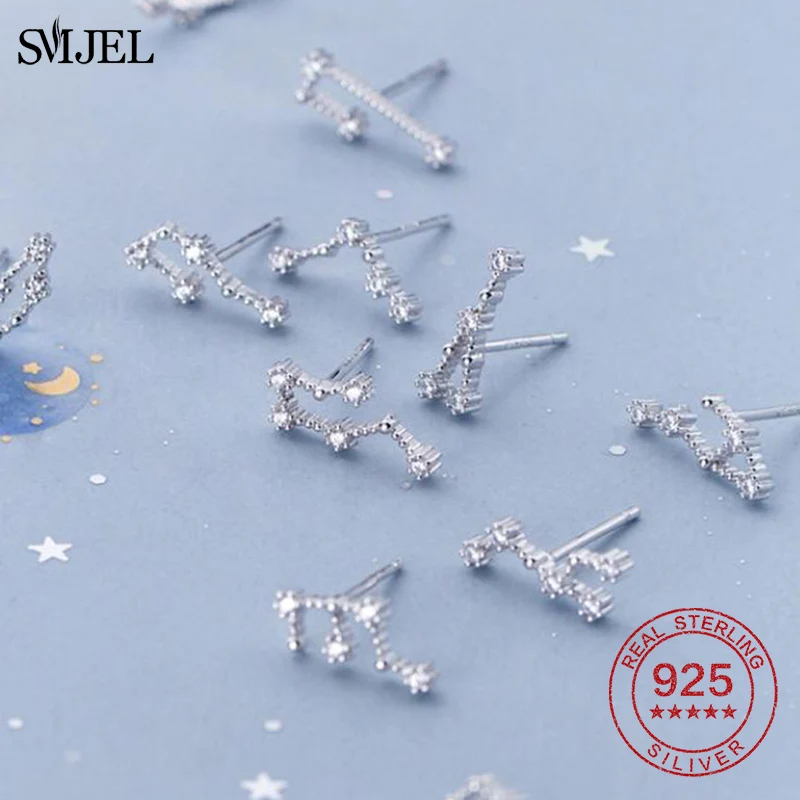 925 Silver Zodiac Sign Earrings for Women Trendy Cancer Taurus Crystal Stud Earrings Zodiac Jewelry Constellation Pendientes