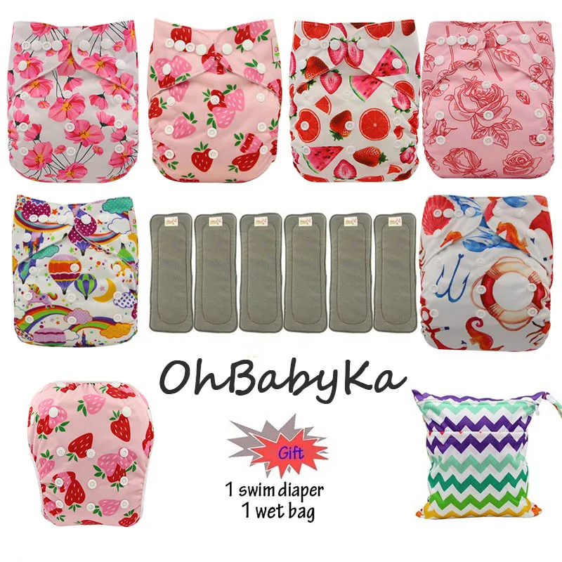 09 Ohbabyka водонепроницаемый детский карман пеленки Моющиеся Многоразовые подгузники из ткани детские подгузники 6 шт+ 6 шт микрофибры вставки+ 1 бесплатный подгузник мешок - Цвет: 09