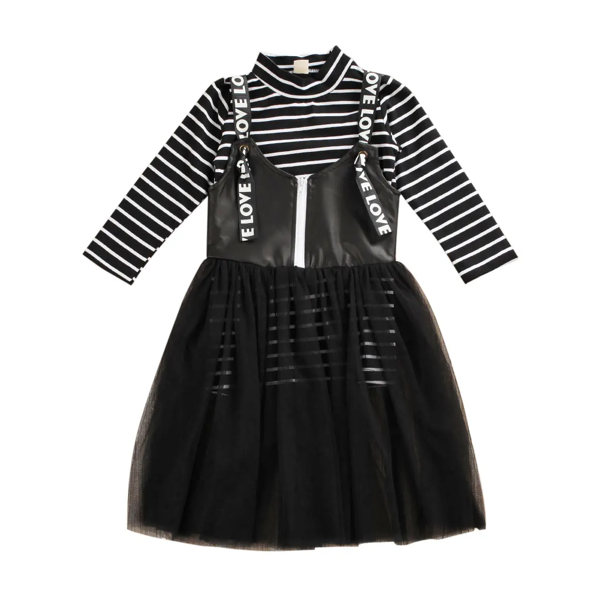 

Fashion Infant Baby Girl Dress Clothes Long Sleeve Striped Tops+Strap Lace Tulle Dress Outfits Set 2-7Y