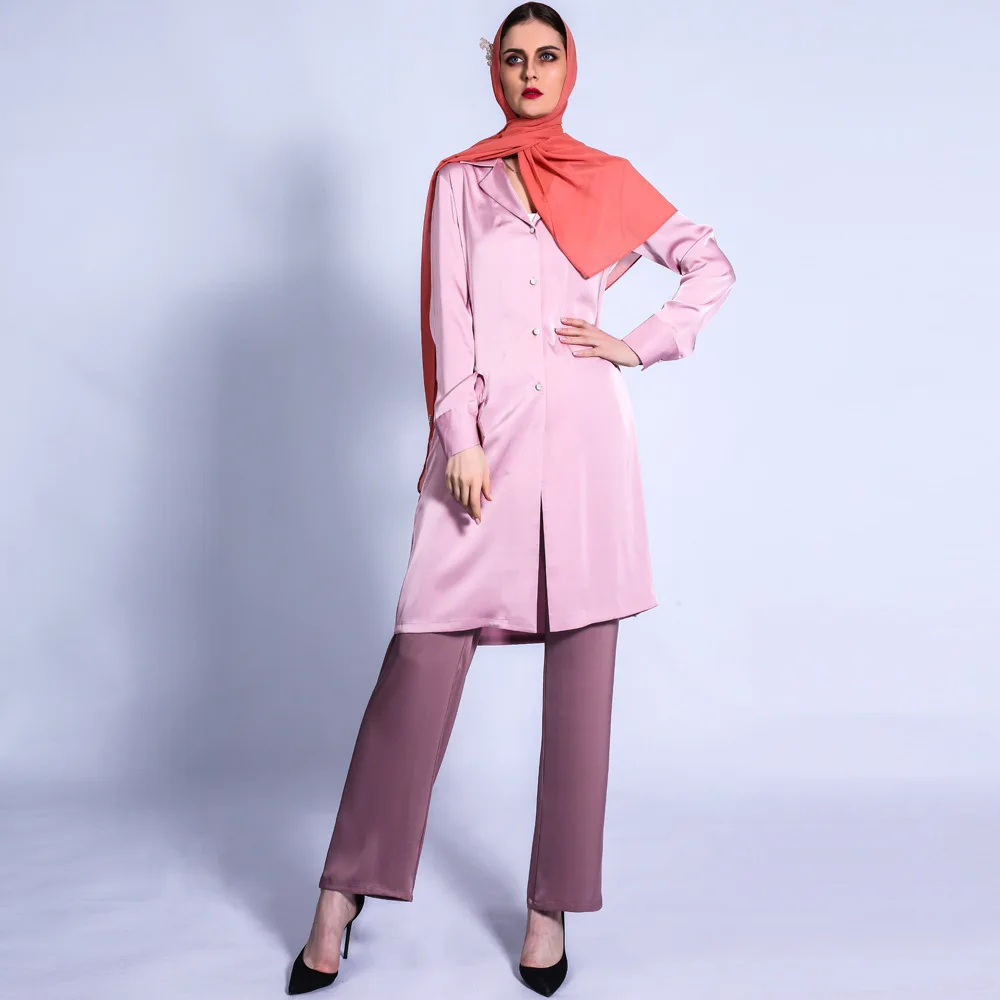 Free Shipping Muslim Women Fashion 2 Pieces  Autumn Long Trousers Satin Ensembles Color Abayas Collar Kaftan Full Cover Suits