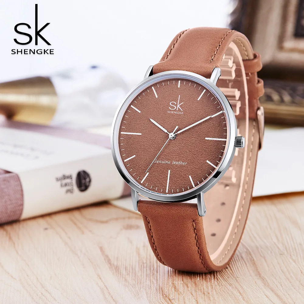 Новые женские кварцевые часы Shengke, 40 мм, с циферблатом, зеленый цвет, натуральная кожа, повседневные стильные женские часы, Подарочная коробка, relogio femininoStreet