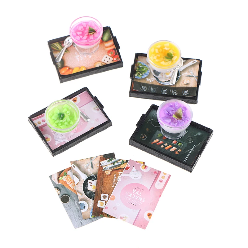 

Миниатюрный Кукольный домик, поднос для фруктов, джема, мороженого, тарелка, чашка, ложка для кукольного домика, домашние кухонные аксессуар...