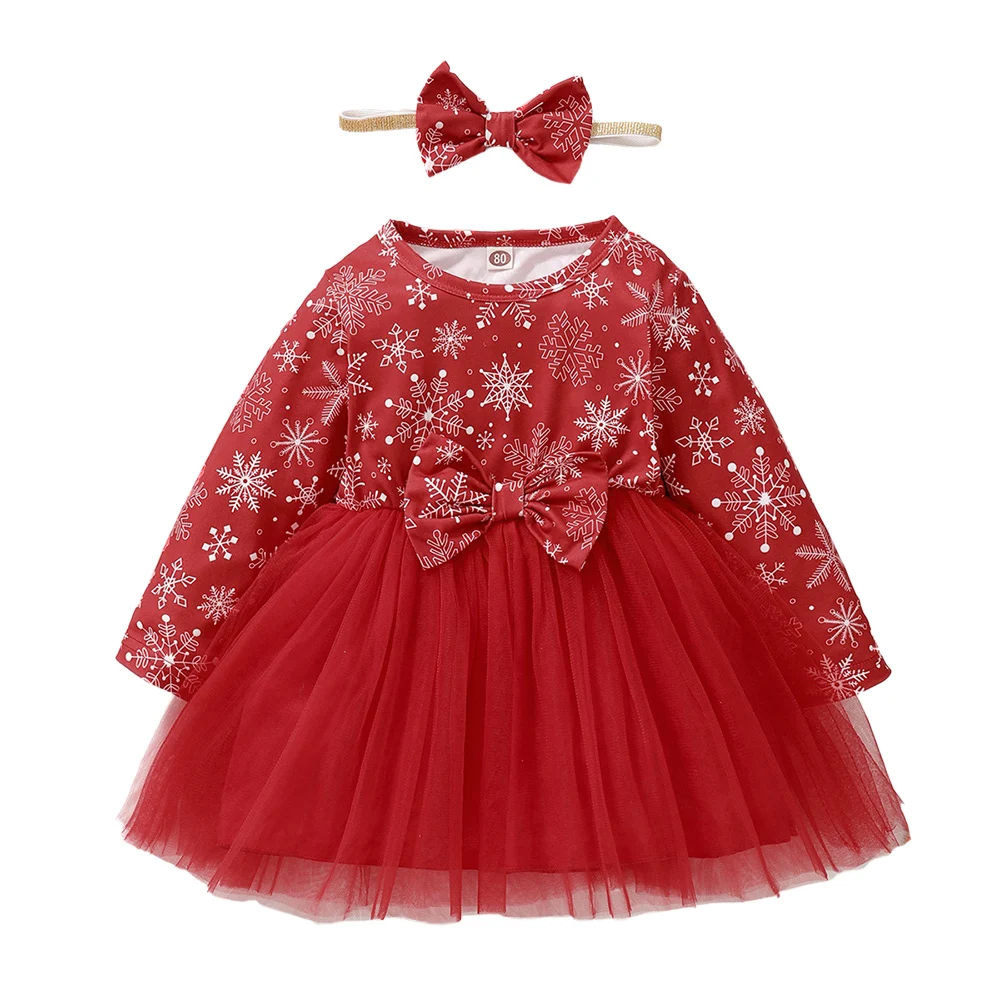 

Newborn Baby Girls Mesh Knee Length A-Line Dresses Long Sleeve Ball Gown Spring Autumn Floral Bow Casual Round Neck Headband