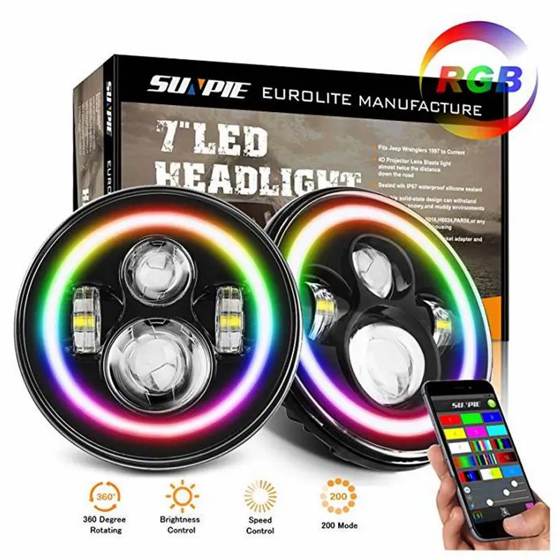 7 дюймов светодиодный фары для работы RGB ангельские глазки многоцветный DRL Bluetooth