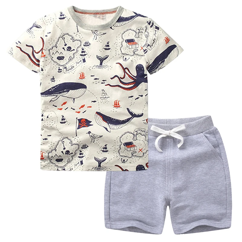 

BINIDUCKLING Toddler Boy Clothes Set Summer Shark Printed Cotton O-Neck Short-Sleeve T-shirt Shorts Fashion Boy Outfits