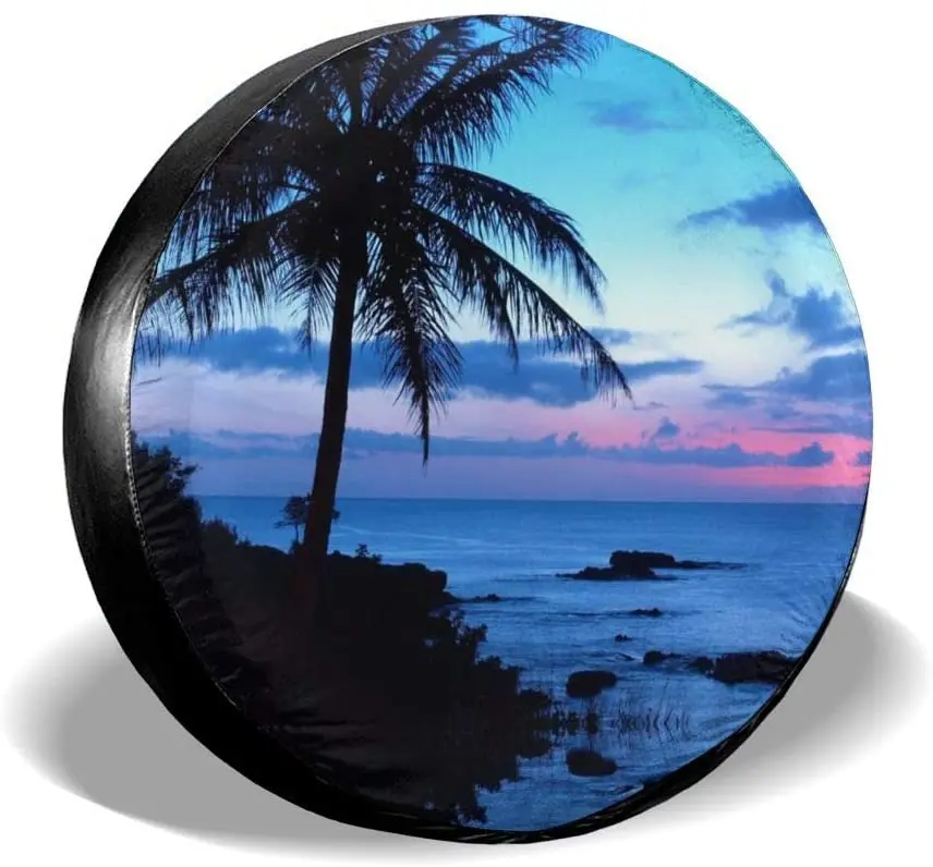 

Tropical Paradise Ocean Beach Scene with Palm Trees Spare Tire Cover Waterproof Dust-Proof UV Sun Wheel Tirer,
