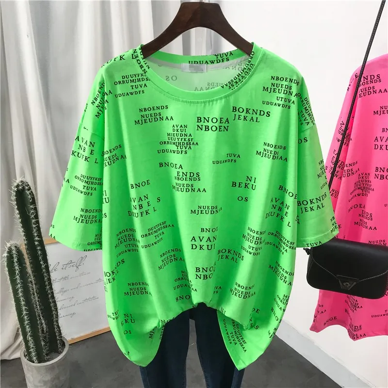 Letter Streetwear Tee Top Women Summer 2020 New Short Sleeve Fluorescent T Shirt Female Lazy Loose Casual T-shirt Young Lady | Женская