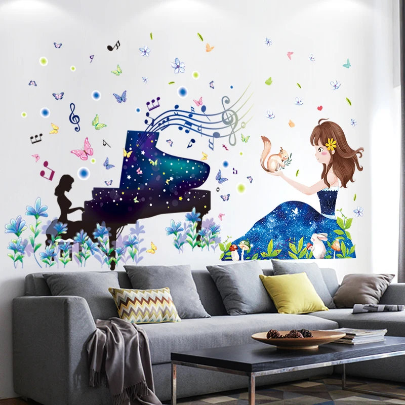 

[shijuekongjian] Cartoon Girl Wall Stickers DIY Piano Performer Mural Decals for Kids Rooms Baby Bedroom House Decoration