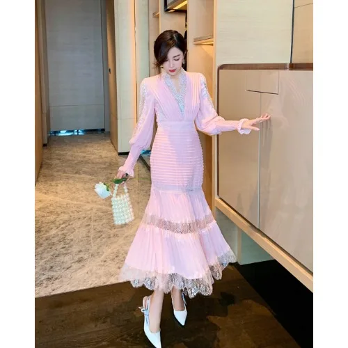 

Elegant V-neck Lantern Sleeve Lace Patchwork Pleated Long Dresses Ladies 2021 Spring Plus Size Annual Meeting Pink Dress Women