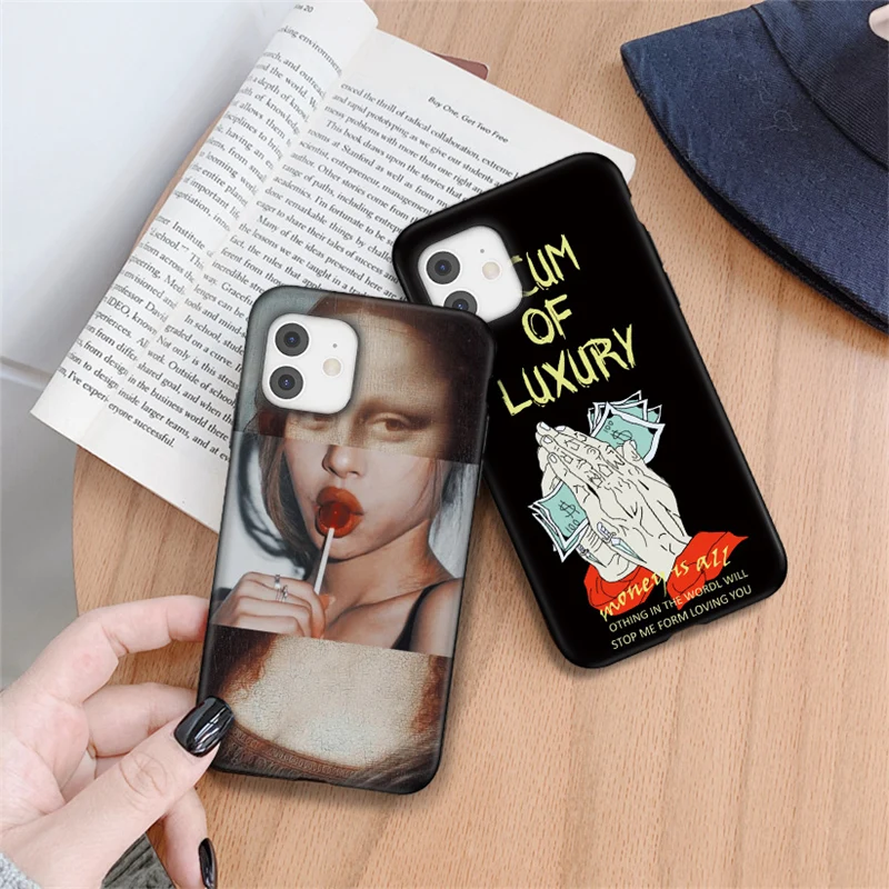 uigo art oil painting black phone case for iphone 12 11 pro se 2020 xr xs max x 6 6s 7 8 plus soft tpu back cover fundas coque free global shipping