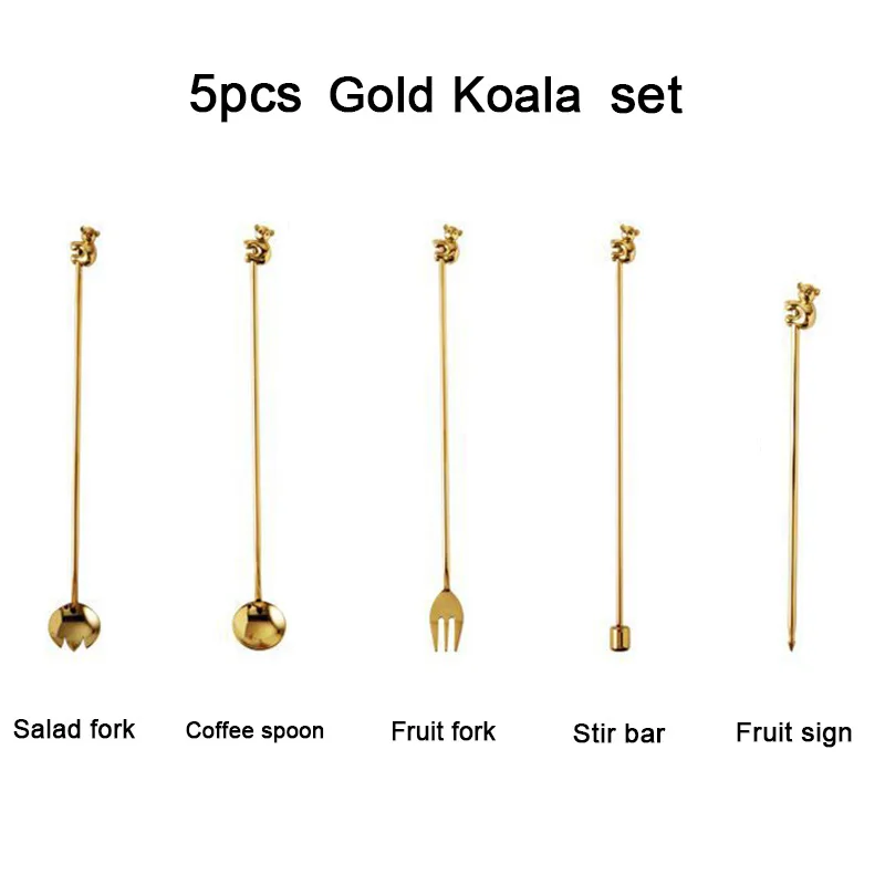 Gold Koala set 5 шт. золотой комплект кофейных ложек из нержавеющей стали с длинной ручкой для мороженого, десертные ложки для перемешивания, серебристые фруктовые вилки, креативная барная посуда - Цвет: Gold Koala set