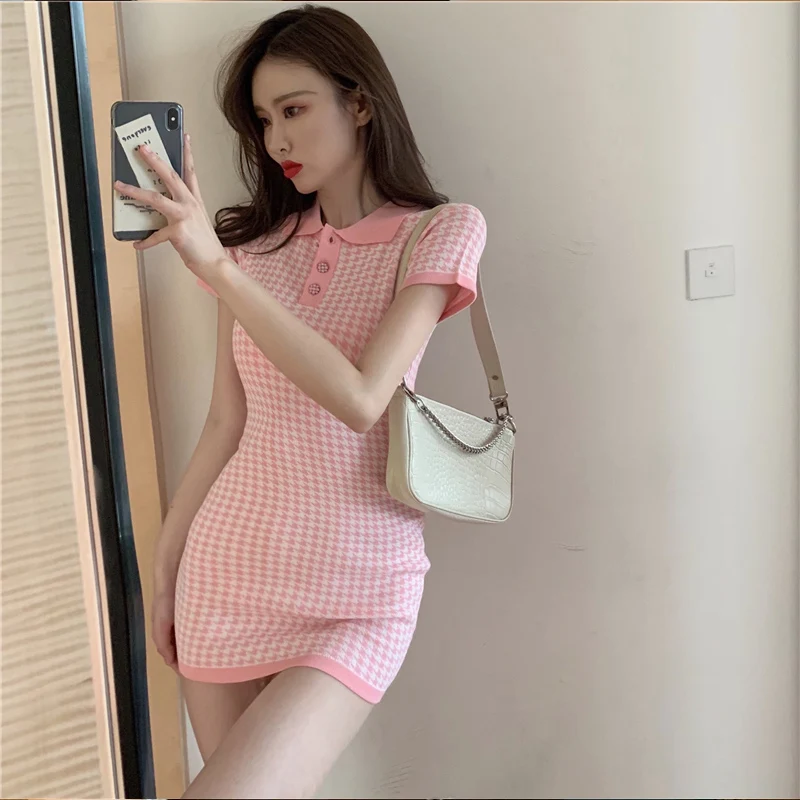 

Retro Casual Short Sleeve Knitting Bird Lattice Dress One-Piece Women Summer Chic Korean Slim Wrap Hip Plaid Min Dresses Vestido