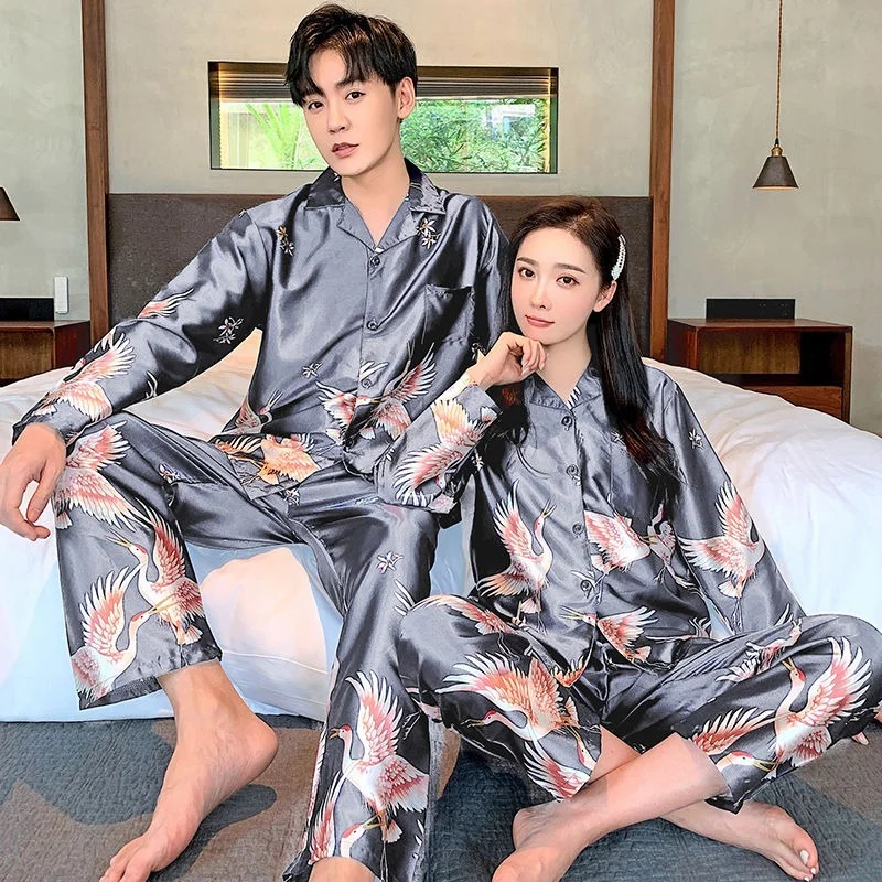 QWEEK Satin Pajamas for Women Animal Print Couple Sleepwear Chinese Style Pijama Silk Autumn Pyjama Pant Set 2 Piece Loungewear