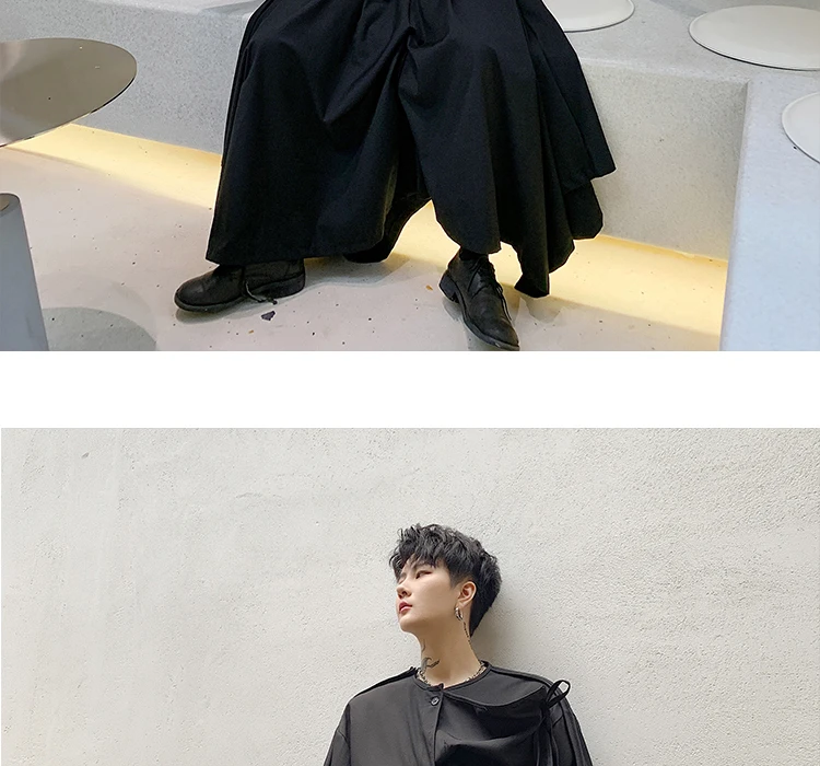 Men Fold Irregular Ribbon Splice Long Sleeve Casual Black Shirt Male Japan Style Streetwear Punk Gothic Shirts Stage Clothing