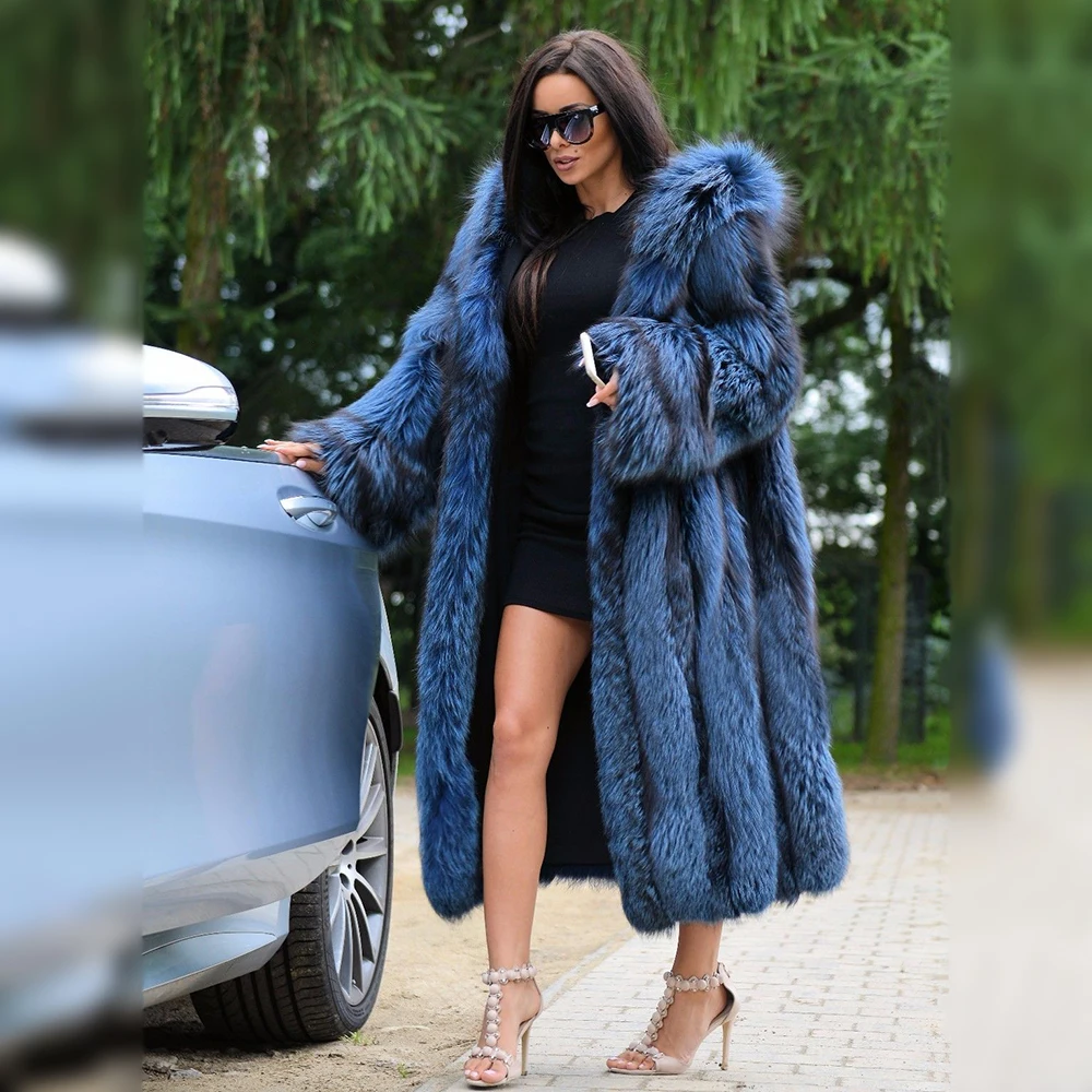 120cm Long Real Silver Fox Fur Coat With Hood High Quality 2022 New Winter Fashion Genuine Fox Fur Coat Luxury Woman Overcoat