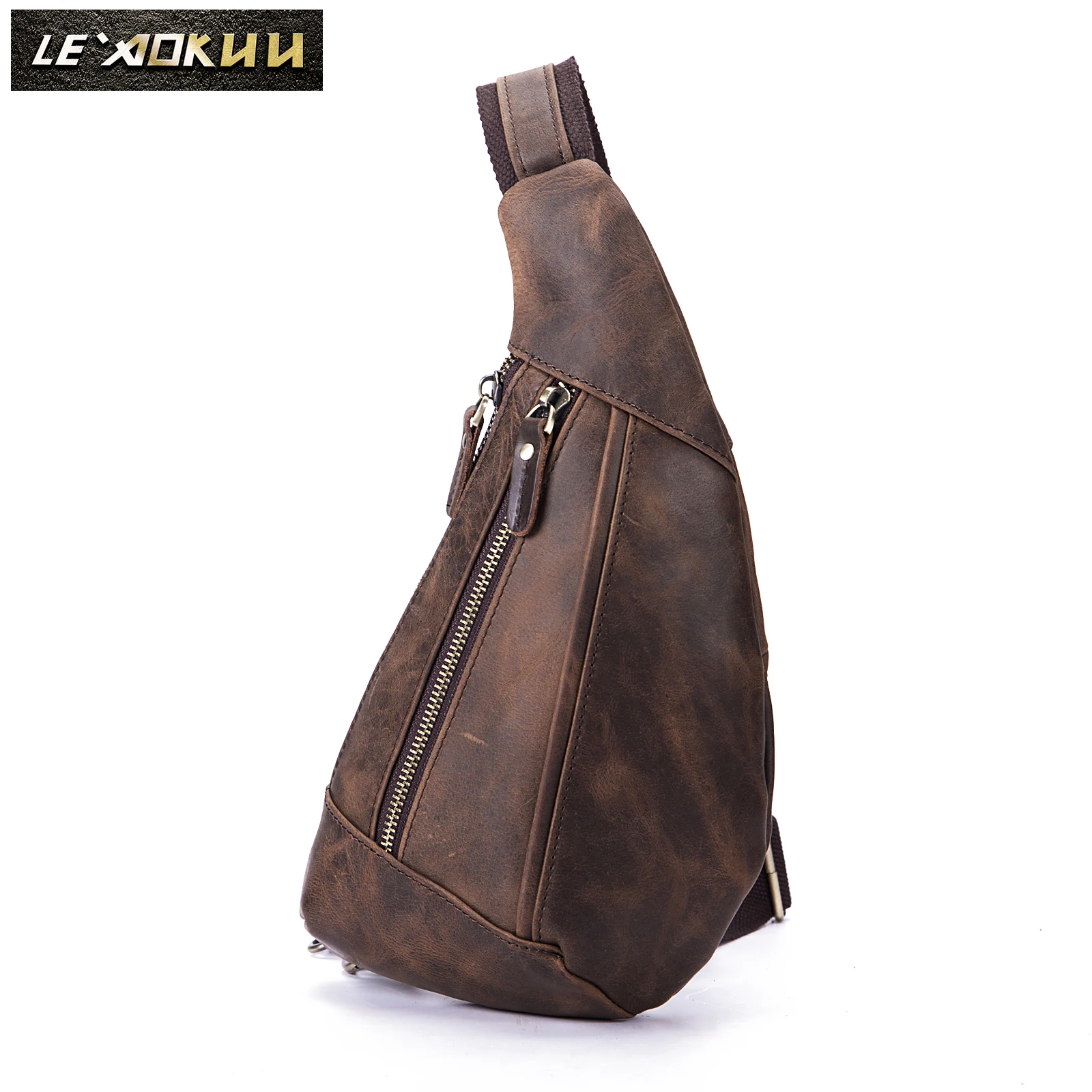 barato Qualidade Dos Homens De Couro Original Moda Tringle Peito Pacote Saco Design Masculino Estilingue Crossbody Um Ombro Mochila Daypack 8807d