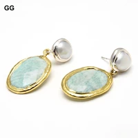gg jewelry natural green amazonite gold color plated egg cultured white pearl bezel set silver stud earrings for women