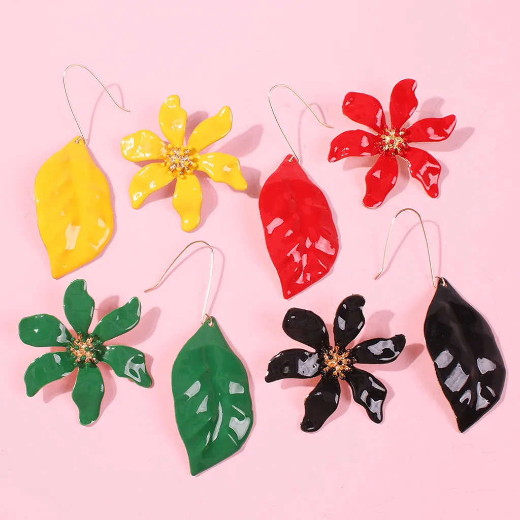 Женские серьги с эмалью модные трендовые цветком в виде листьев необычные