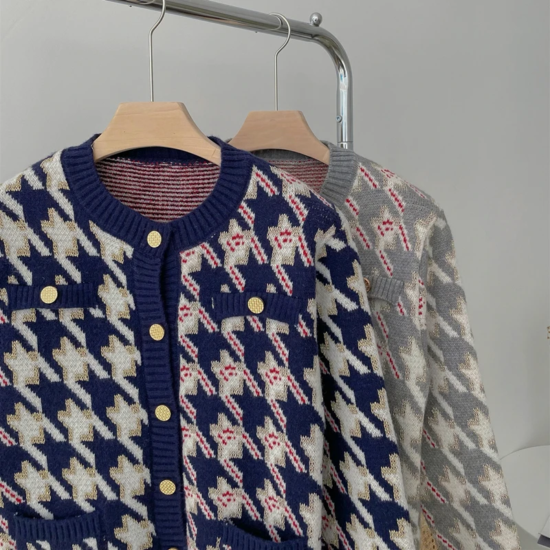

Houndstooth Knitted Cardigan Sweater Women Full Sleeve O-neck Jumpers Golden Threads Color-blocked Vintage Female Knitwear Coat