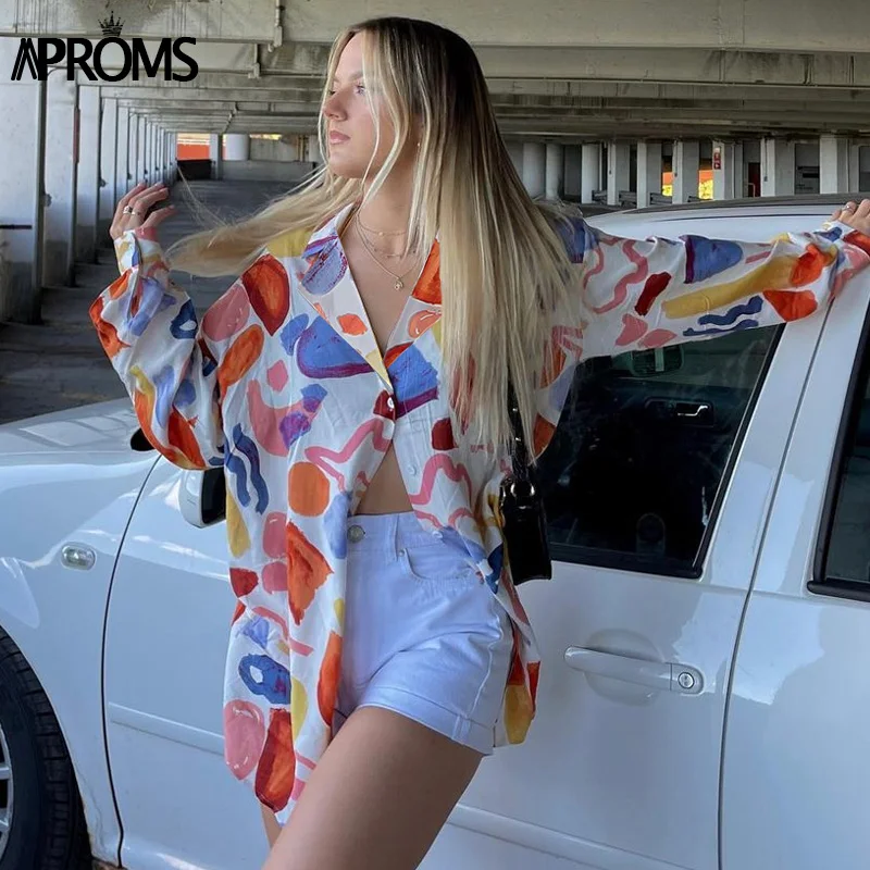 

Aproms Multicolor Print Loose Long Blouse and Shirt Women 2021 Casual Front Pocket Long Sleeve Blouses Cool Girls Streetwear Top