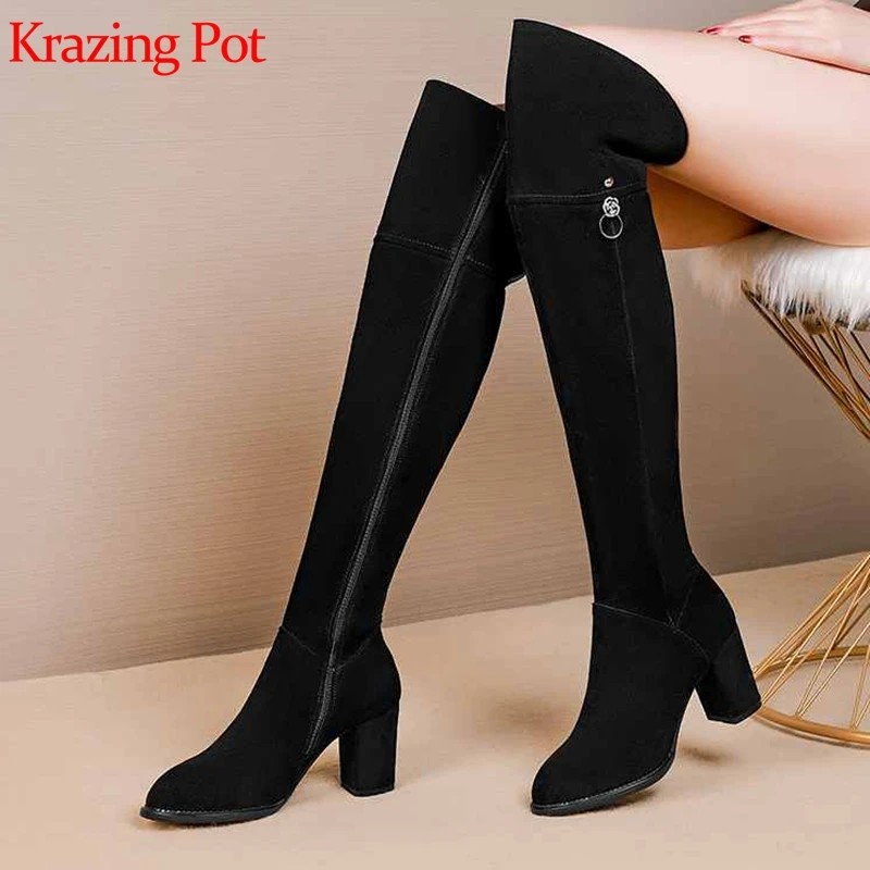 Krazing pot/высокие сапоги до бедра из коровьей замши на молнии, с круглым носком, в стиле панк-рок, со шнуровкой ботфорты со стразами, l17