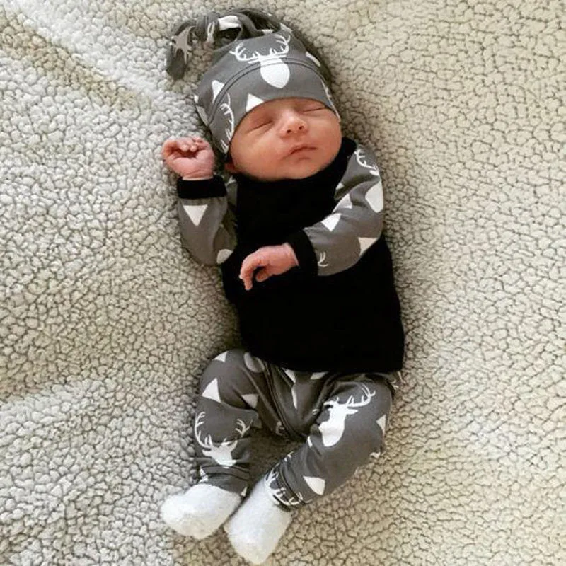 

Baby Girl Boy Clothes 3 Piece Set Newborn Kid Toddler Deer Long Sleeve Cotton Top T-shirt +Long Pants +Hat Christmas Outfit