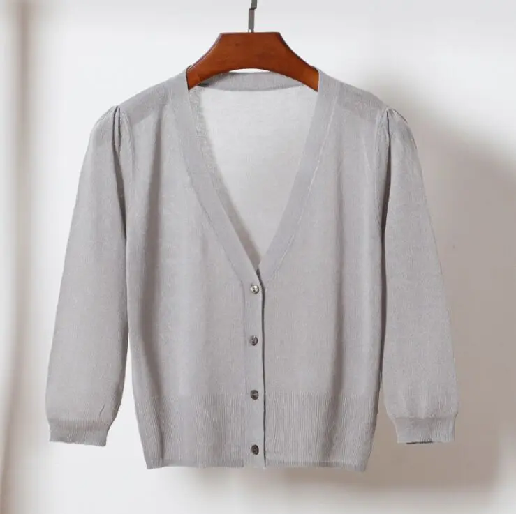 M-XL, летние женские вязаные повседневные короткие свитера с v-образным вырезом, кардиганы, женская трикотажная одежда - Цвет: grey