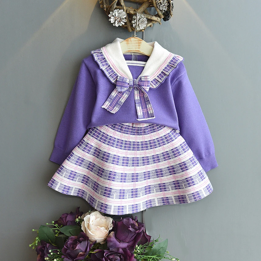 

Baby Girls College Suits Spring Winter Children Sweater Button 2Pcs Suit Bow Long Sleeve Skirt Kids Clothes Sets Girls Dresses
