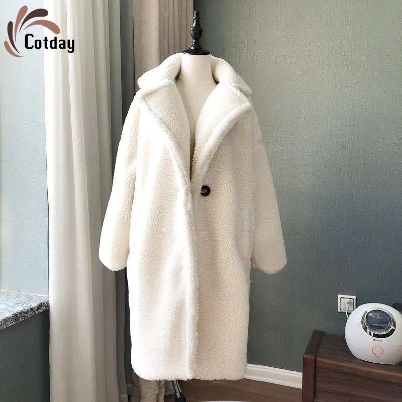 

Cotday Faux Fur Long Thick Single ButtonWinter Loose 2020 Fashion England Style White Women Plus Winter Warm Fur Overcoat
