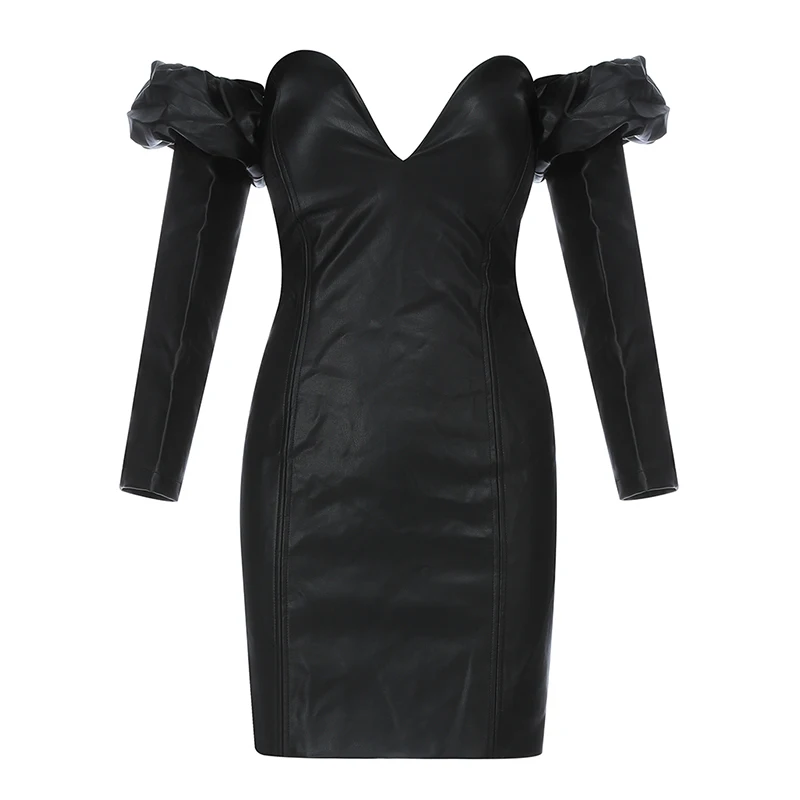 

Beateen 2019 New Fashion Heart-shaped Strapless PU Dress Off Shoulder Long Sleeve Women Sexy Bodycon Party Club Black Mini Dress
