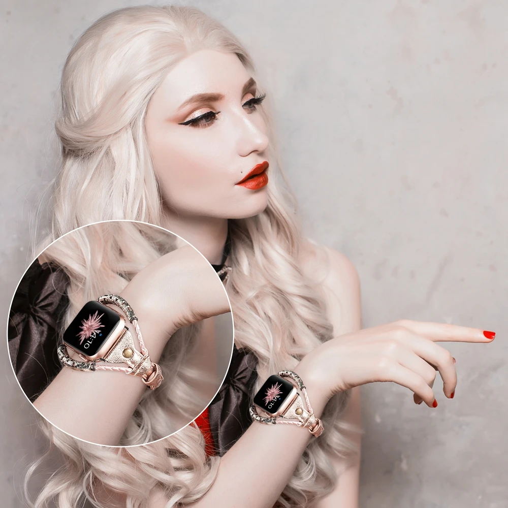 Винтажный кожаный ремешок для Apple Watch Band женский твист полоса ремешок заклепки с металлической веревкой браслет нарядный стильный iwatch серия