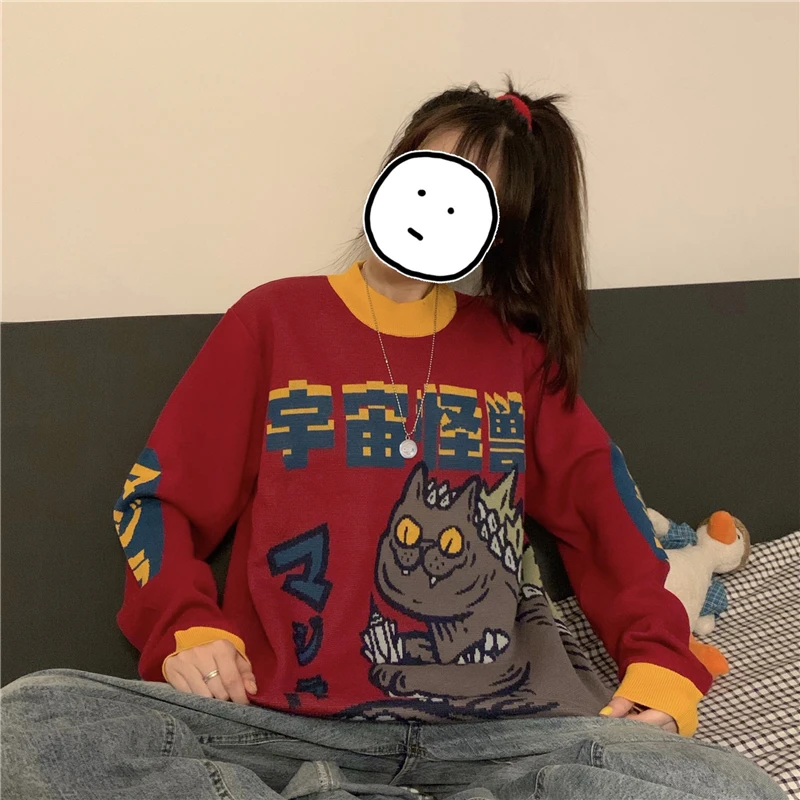 Свитер женский вязаный с вышивкой в стиле харадзюку | Женская одежда