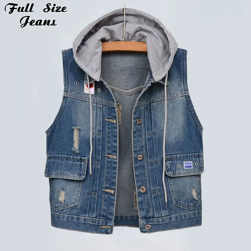 

Denim Jacket Women Plus Size Hooded Sleeveless Jacket Patchworked Women Korea Vintage Denim Vest for Women Streetwear