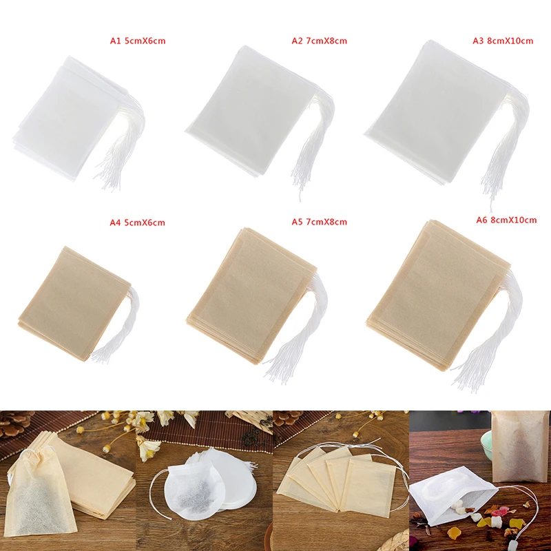 

100pcs Disposable Tea Bag Filter Paper Bags Heat Seal Teabags Tea Strainer Infuser Wood Drawstring Tea Bag for Herb Loose Tea