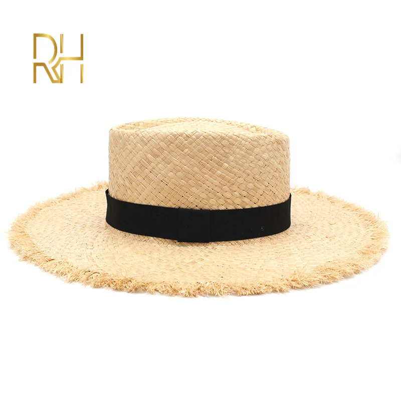 RH женская соломенная шляпа от солнца летняя черная лента рафия Федора пляжная