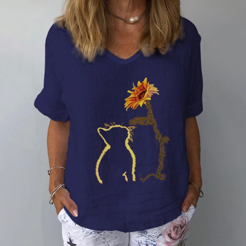 

Women Elegant Dandelion Print Cotton Linen Blouse Shirt Summer V-Neck Short Sleeve Tops Casual Plus Size Loose Streetwear Blusa