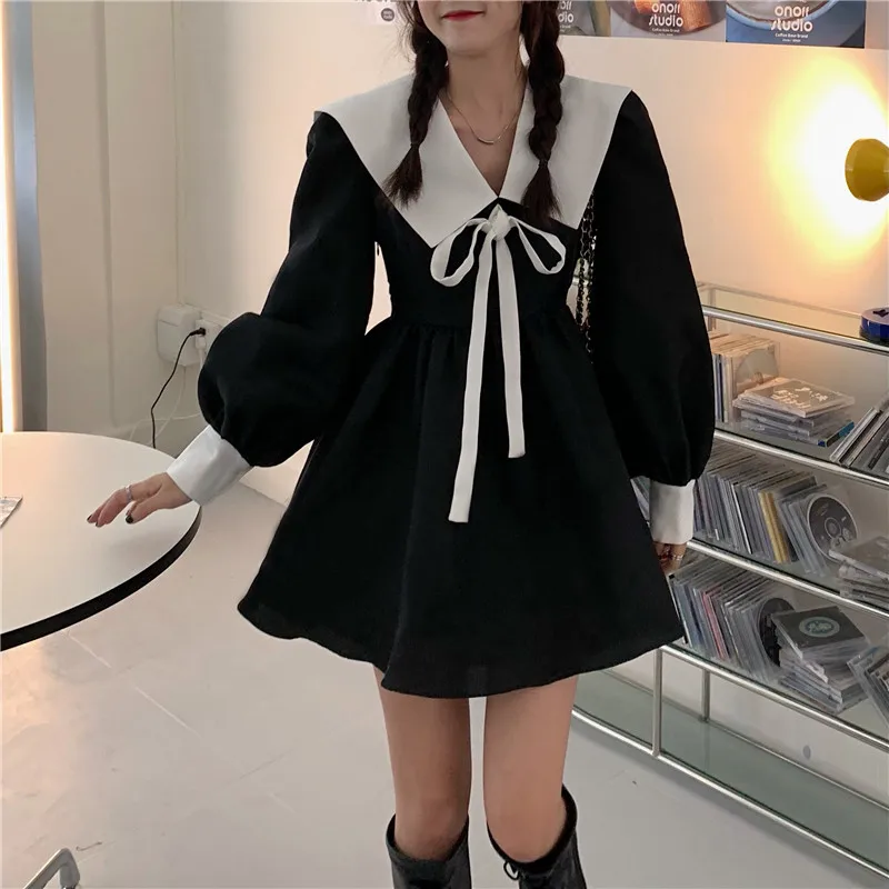 

New Fall Women French Retro Black White Dress Sailor Collar Long Sleeve A Line Dress Small Girl Fashion Mini Bottoming Dress