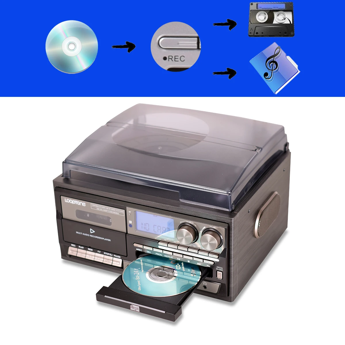 Винтажный проигрыватель для виниловых пластинок с 3 скоростями Bluetooth CD-И