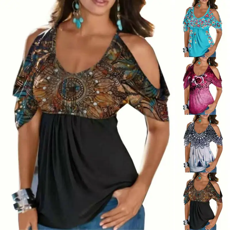 

Womens Tshirts 2021 Cold Shoulder Short Sleeve T-shirt Casual Loose Tops Tunic Summer Women Clothes